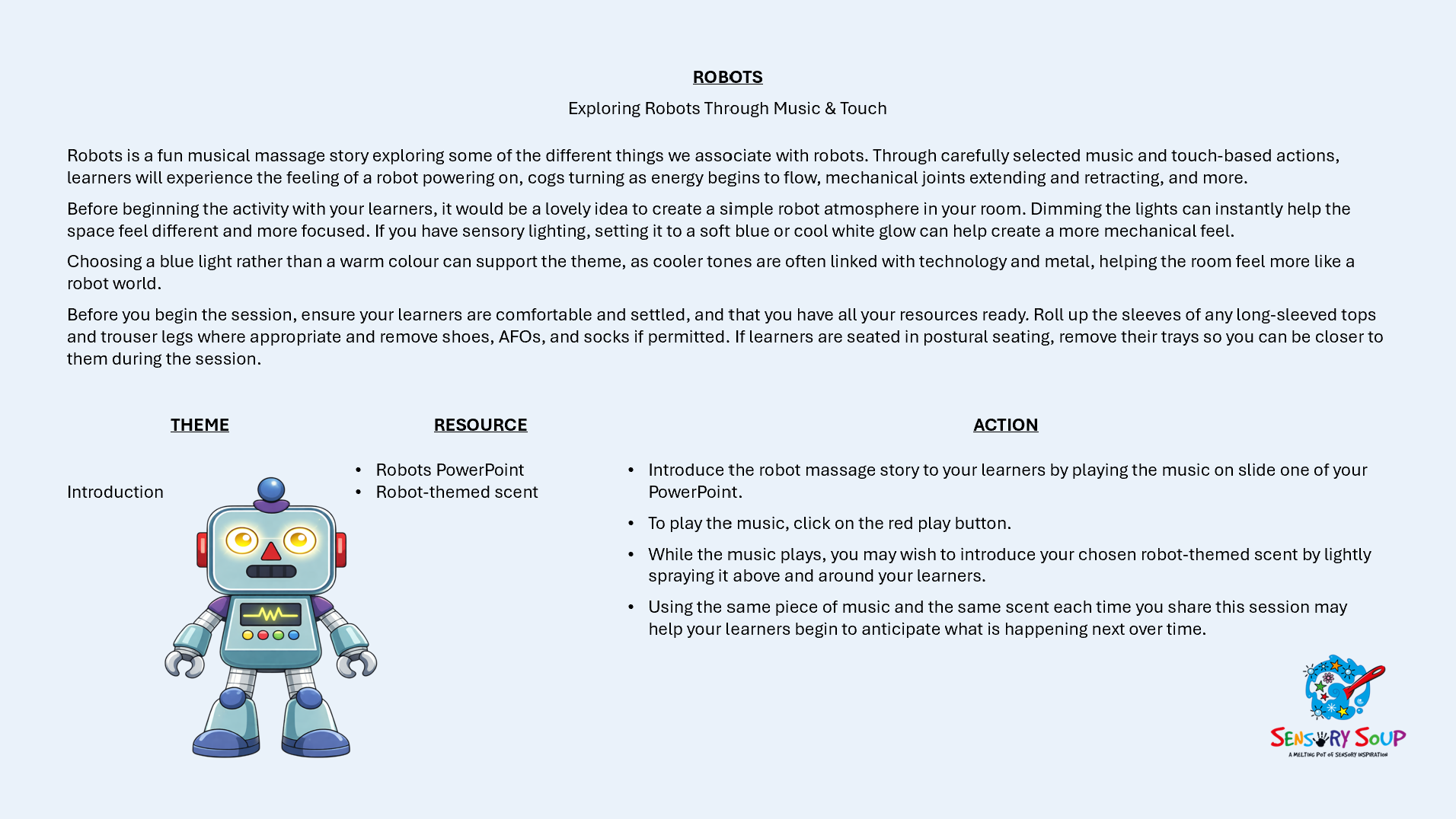 Screenshot of the written Robots musical massage story resource for download.