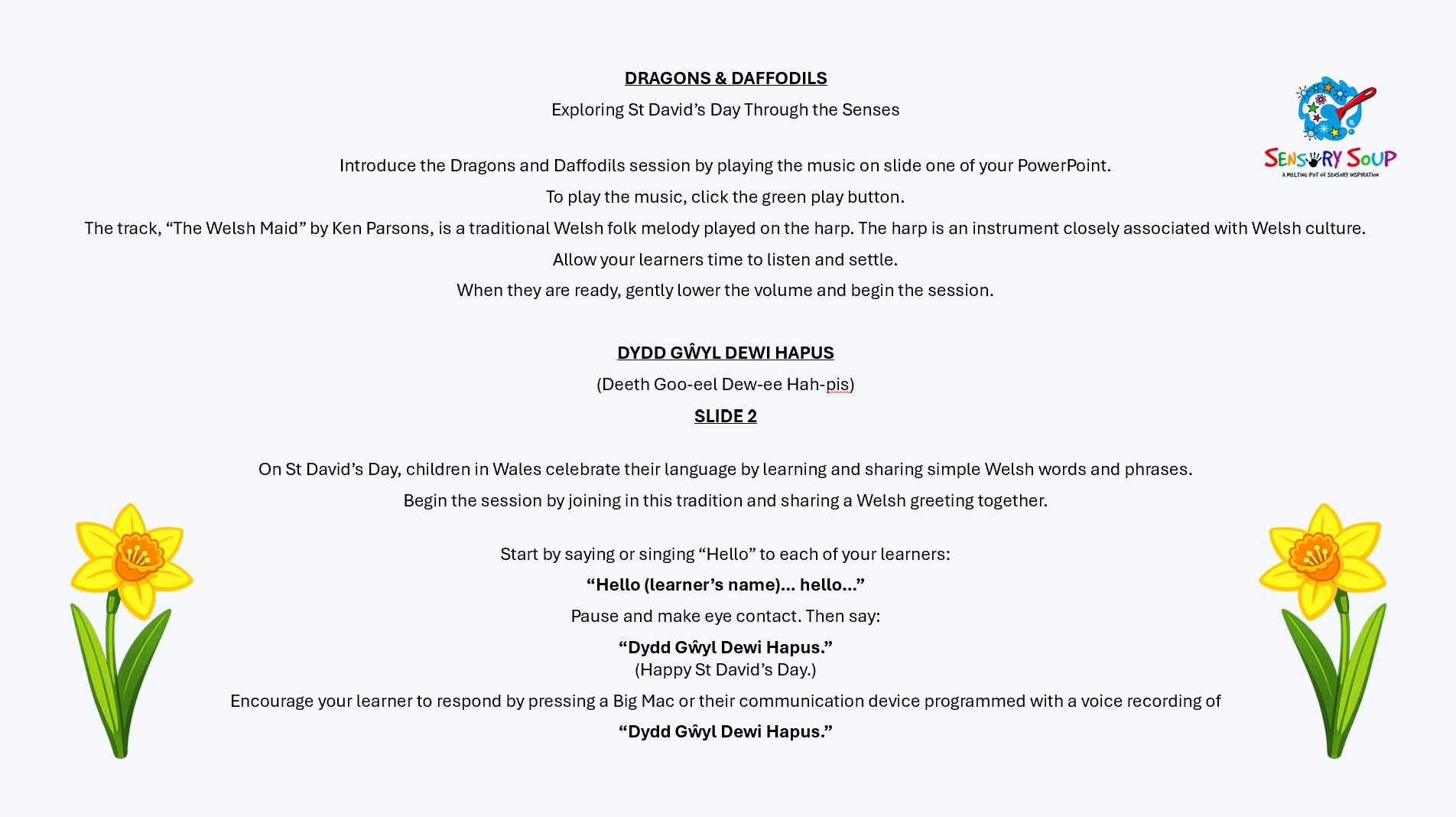 Screenshot of the written Dragons & Daffodils St David’s Day sensory session guidance with structured adult instructions.