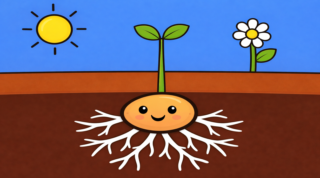 seed growing roots and green shoot, sensory story about growing