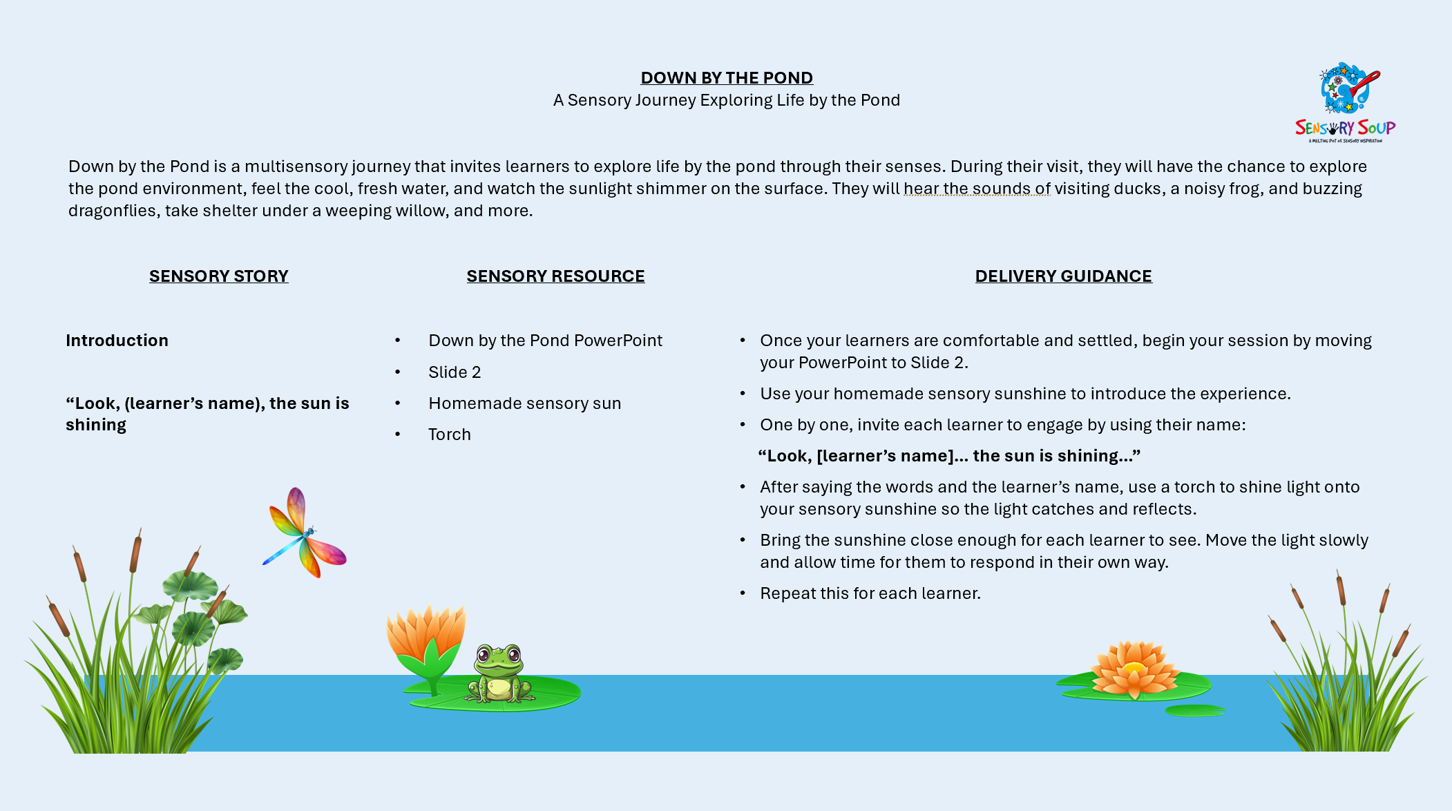 Screenshot of Down by the Pond sensory story written resource