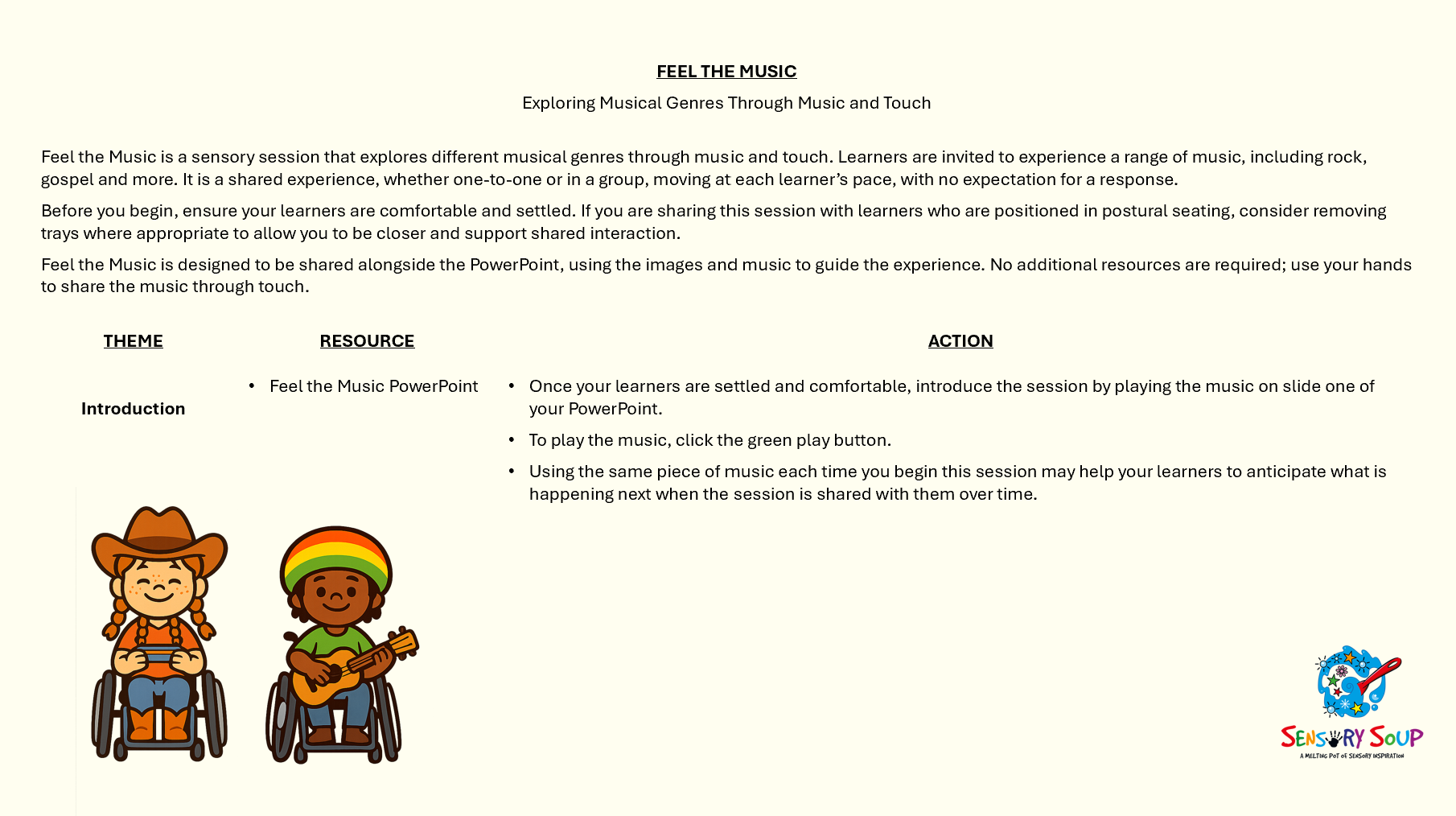 Screenshot of the Feel the Music sensory session resource