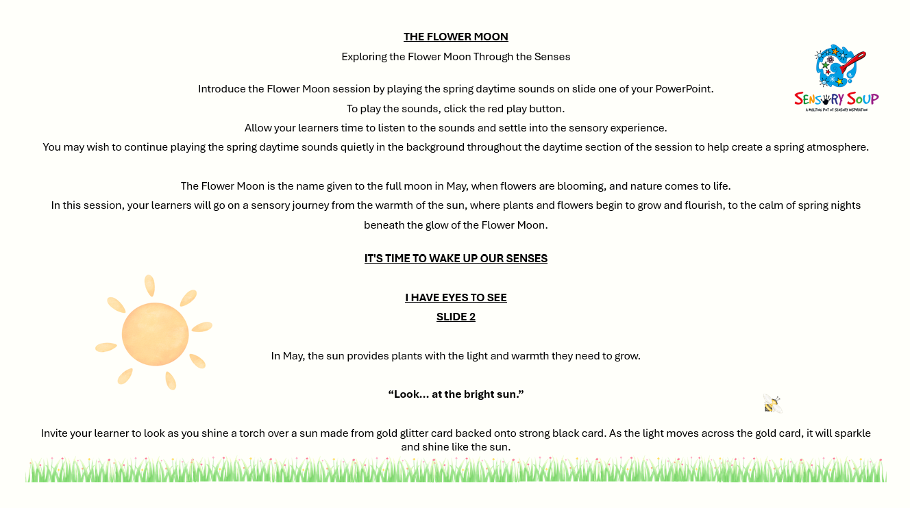 Flower Moon sensory session written resource and PowerPoint for PMLD and complex needs