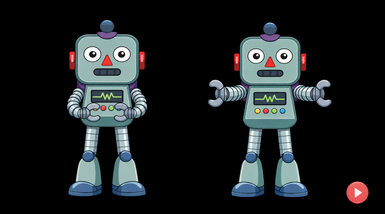 Two robot illustrations showing arms tucked in and arms stretched out.