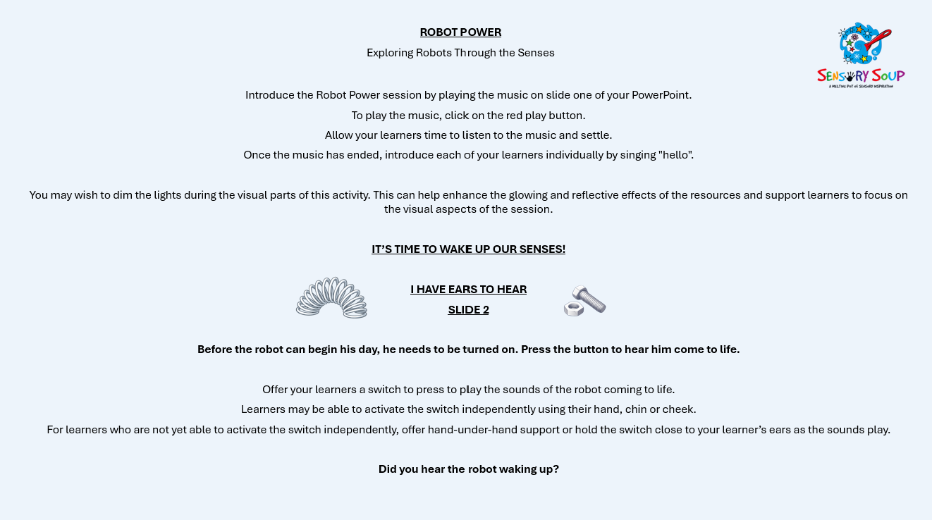 Robot Power written resource for learners with PMLD and complex needs.