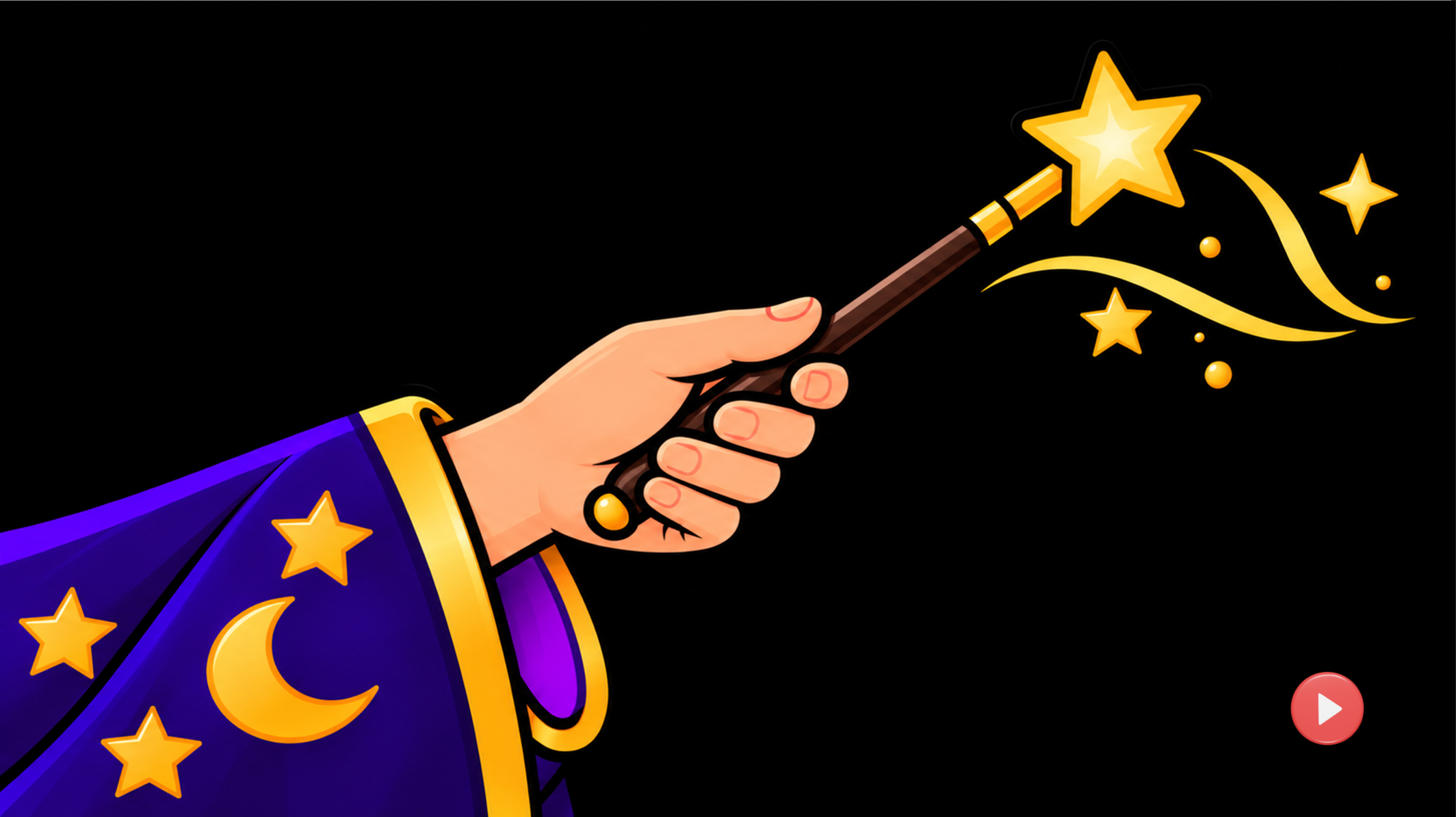 High-contrast illustration of a wizard's arms and hands holding a magic wand.