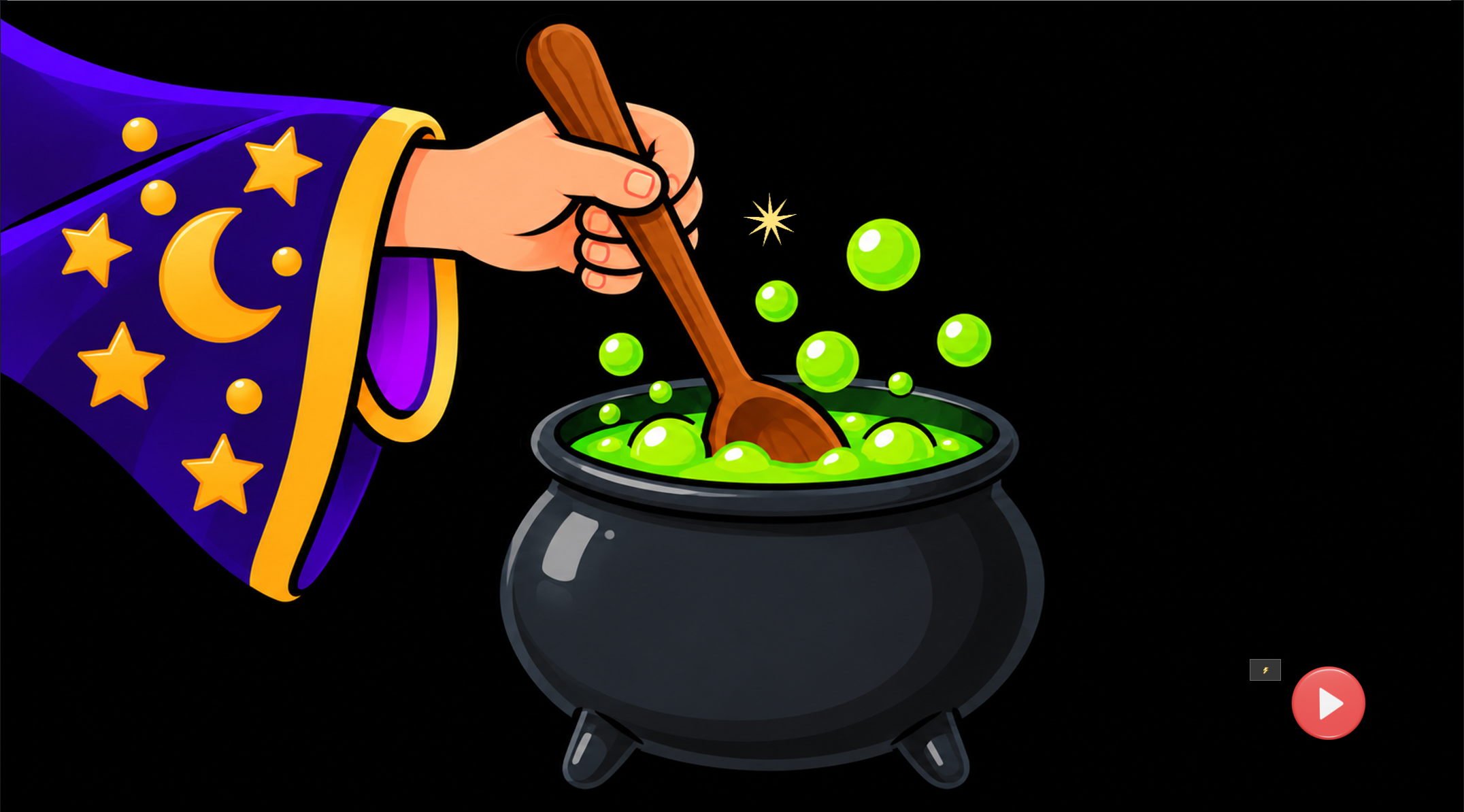 High-contrast illustration of a wizard's sleeves and hands stirring a black cauldron.