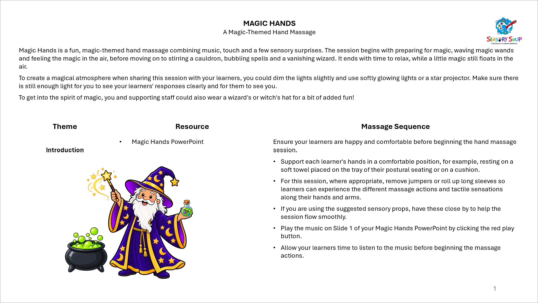 Screenshot of the Magic Hands sensory hand massage resource, showing a section of the written step-by-step guidance.