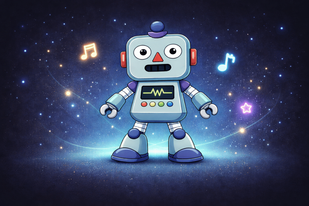 Robot musical massage story sensory activity featuring a robot with music notes on a blue background.