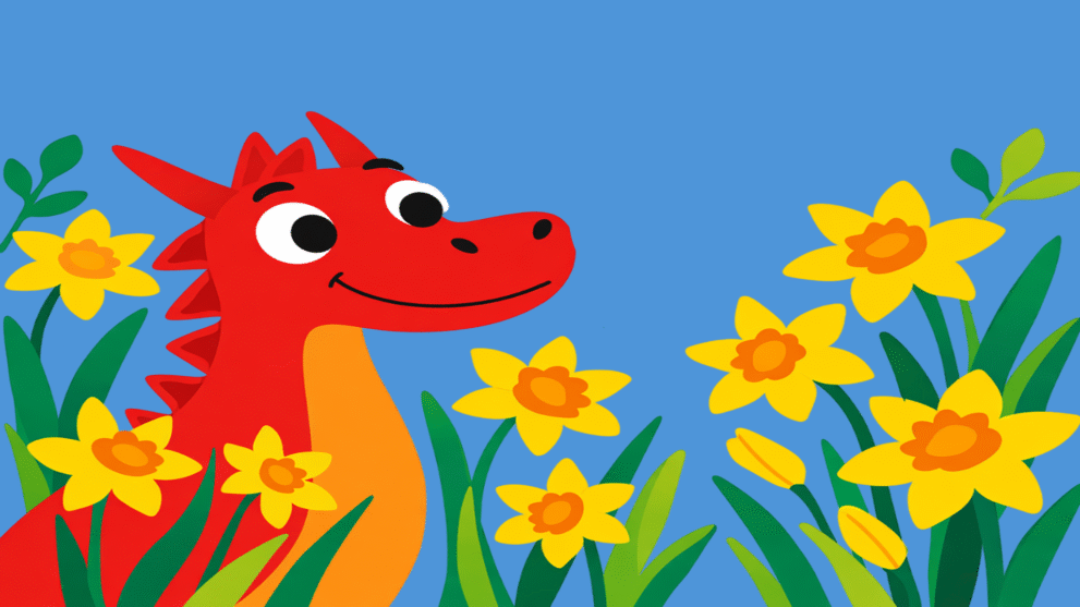 Dragons & Daffodils St David’s Day sensory session cover featuring a red Welsh dragon and yellow daffodils on a blue background.
