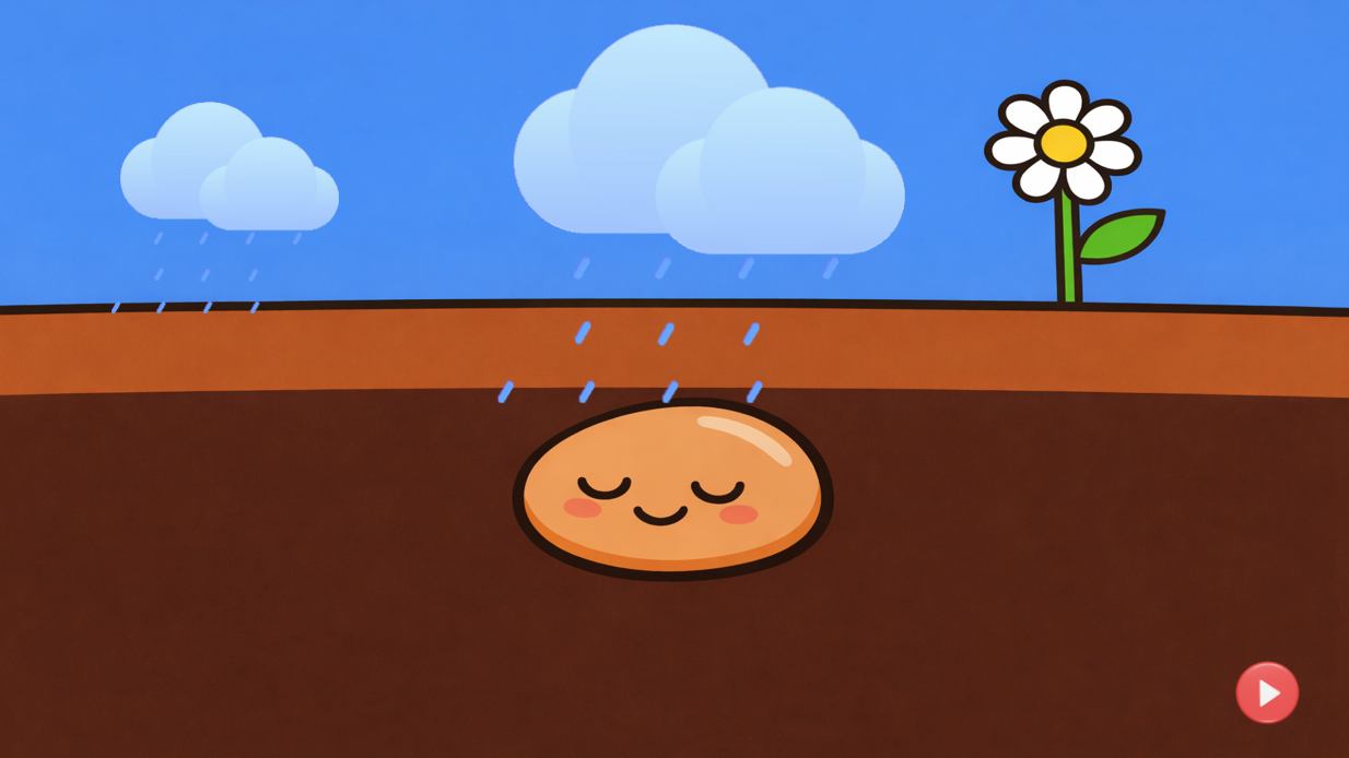 sleeping seed in soil with rain, sensory story about growing