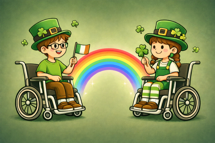 St Patrick’s Day music and movement session for wheelchair users showing two children in wheelchairs celebrating with a rainbow and shamrocks.