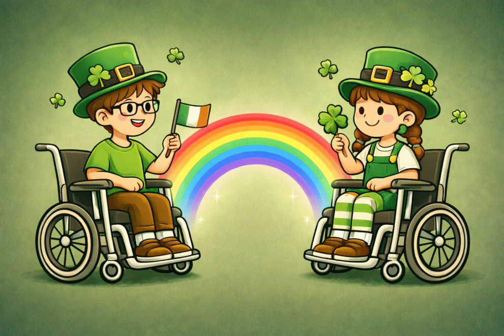 St Patrick’s Day music and movement session for wheelchair users showing two children in wheelchairs celebrating with a rainbow and shamrocks.