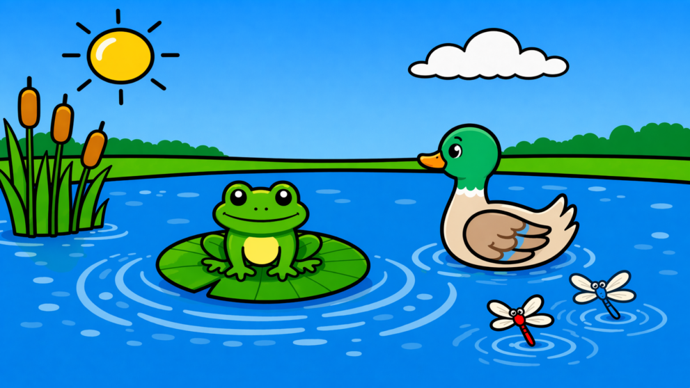 Pond Life sensory session image with frog, duck and pond scene.