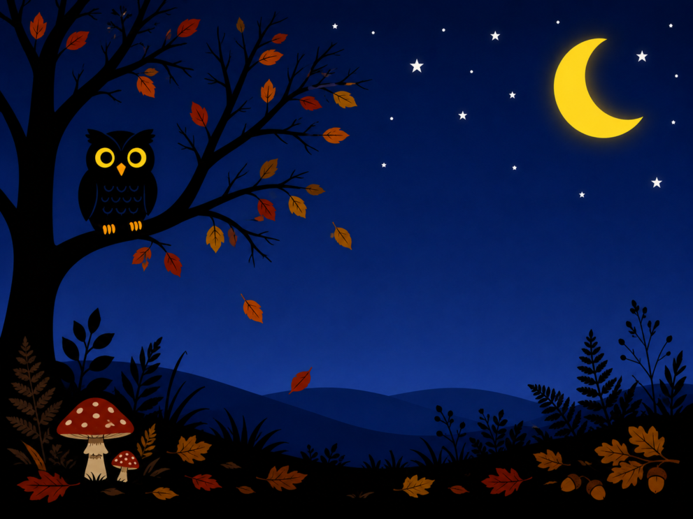 The Woods at Night sensory story cover showing an autumn woodland at night with the moon, stars and woodland animals.